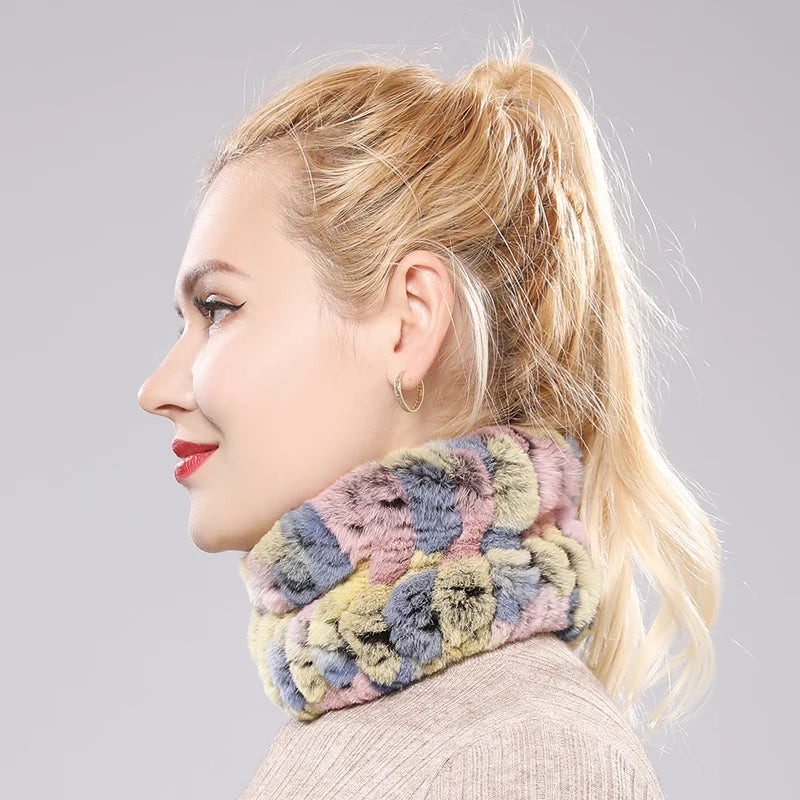 Women Real Fur Handmade Stretch Fur Scarf Knit Genuine Rex Rabbit Fur Headbands Girls Natural Fur Ring Cowl Snood Scarves Winter