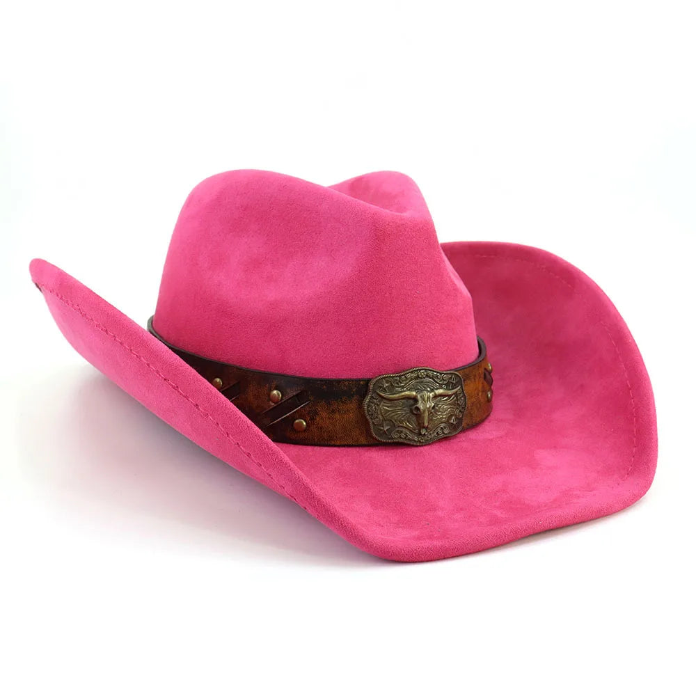 Western Big Brim Cowboy Hat Bull's Head Leather Band Suede Top Hat Outdoor Mens Hats Ladies Party Horse Riding Cowgirl Hat