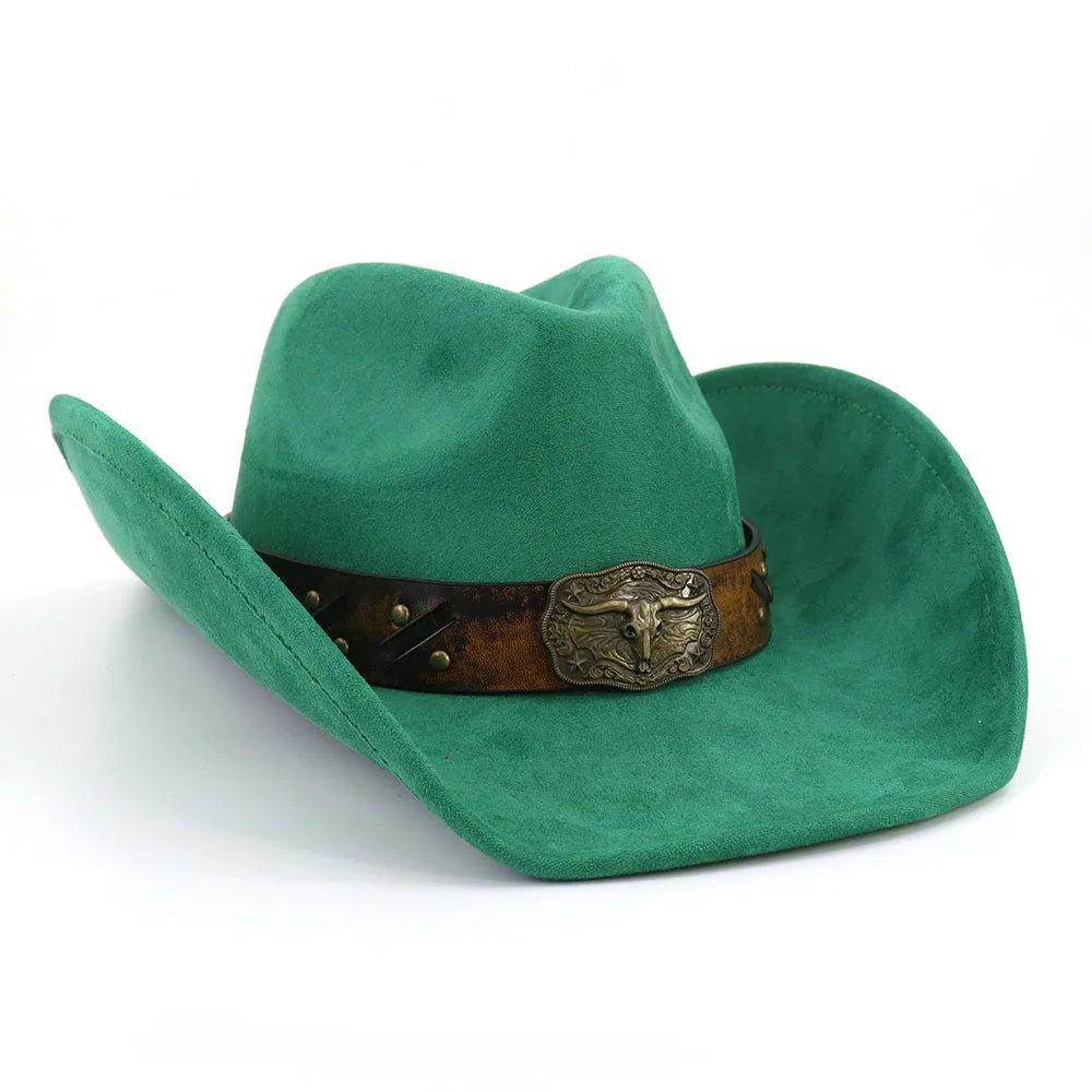 Western Big Brim Cowboy Hat Bull's Head Leather Band Suede Top Hat Outdoor Mens Hats Ladies Party Horse Riding Cowgirl Hat