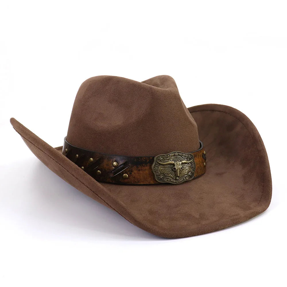 Western Big Brim Cowboy Hat Bull's Head Leather Band Suede Top Hat Outdoor Mens Hats Ladies Party Horse Riding Cowgirl Hat