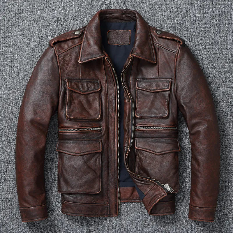 Cow Leather Brown Real Leather Jacket Vintage Cowhide Coat Men