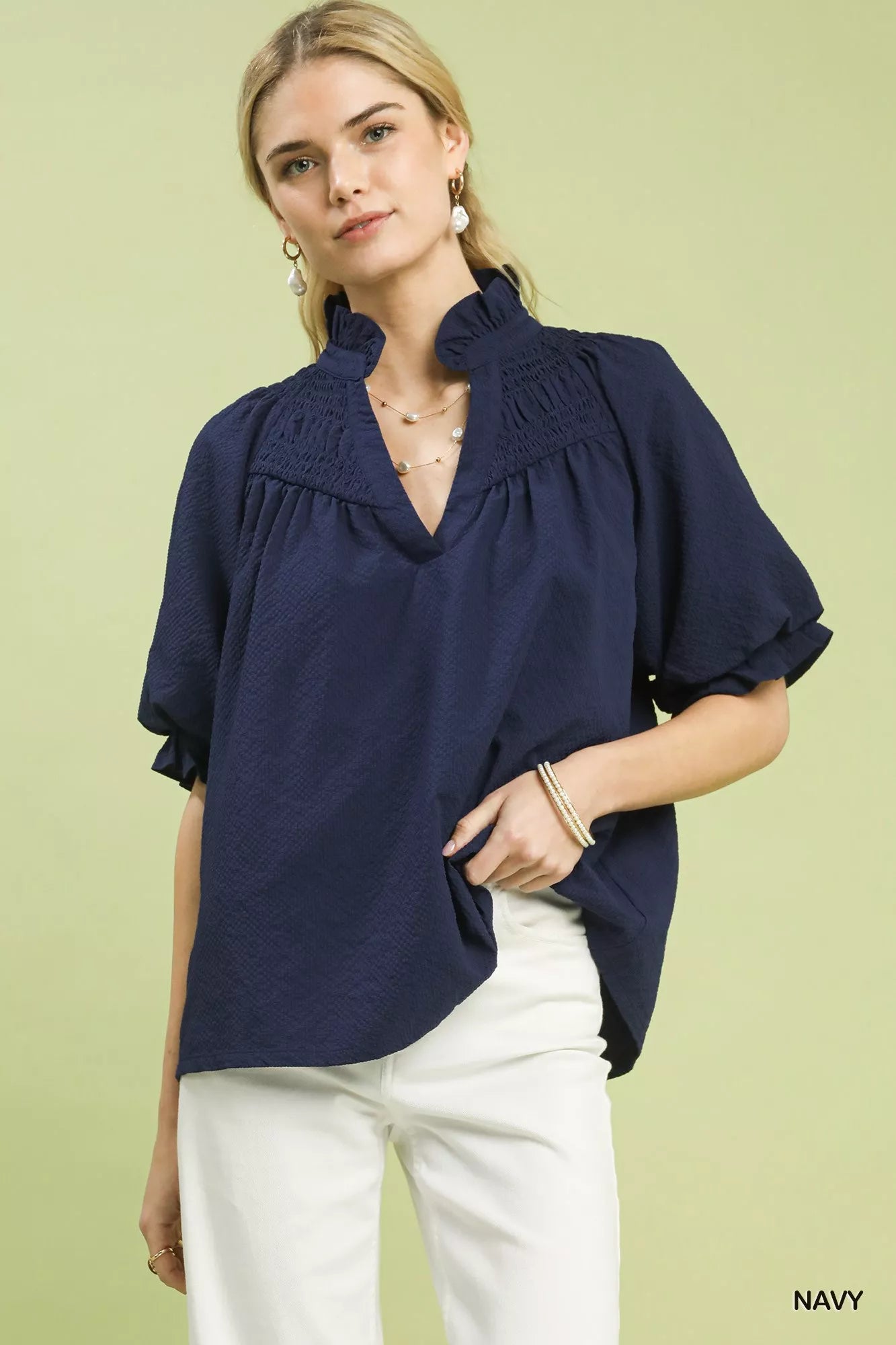 Romana - Textured Smocked Yoke Split-Neck Top - Cristian Moretti