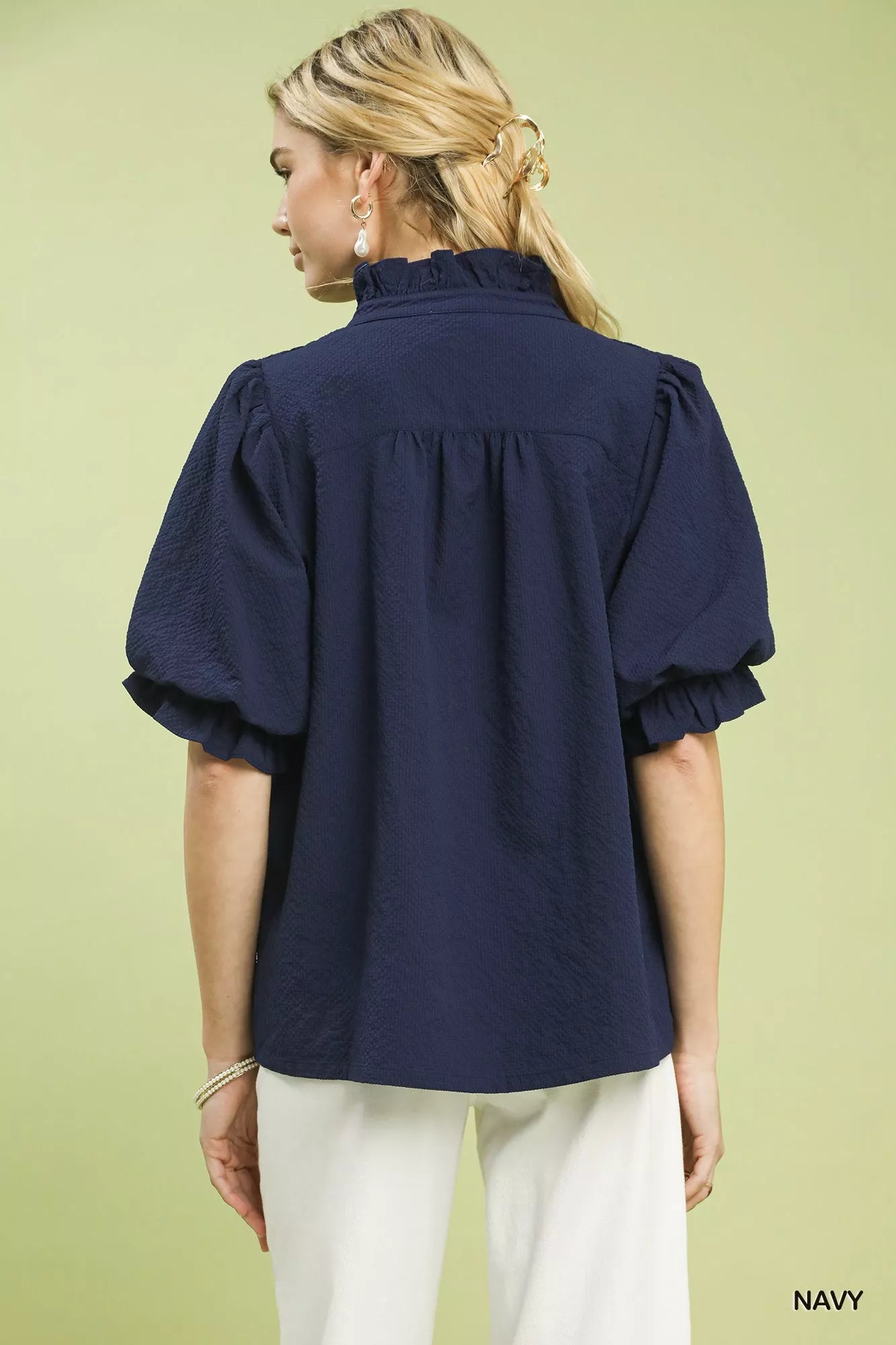 Romana - Textured Smocked Yoke Split-Neck Top - Cristian Moretti