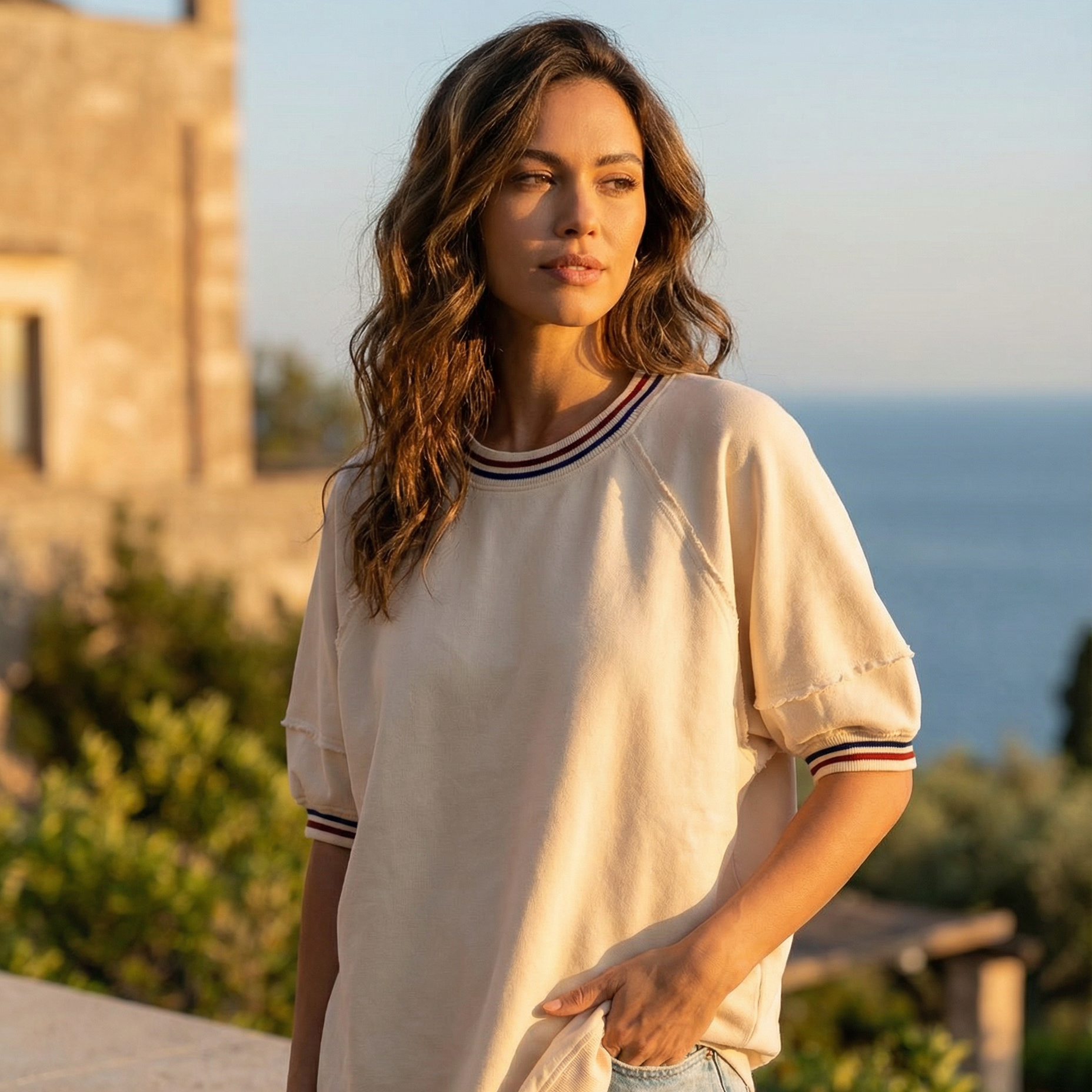 "Contrata" - Varsity Striped Neckline Cuffed Tunic Top