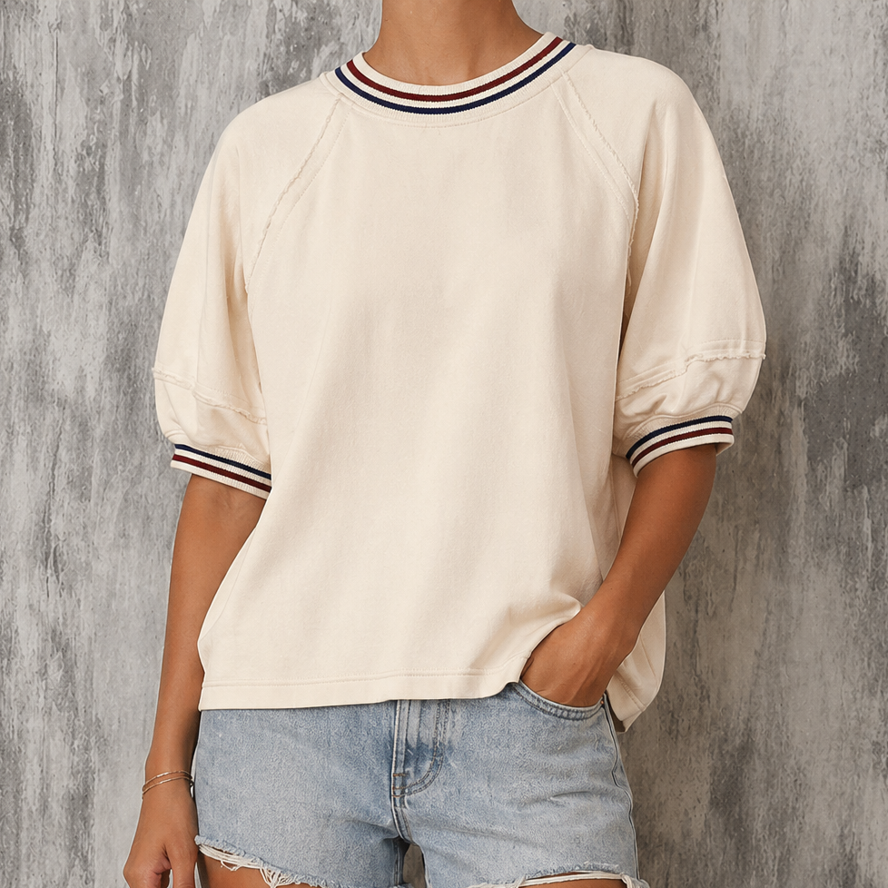 "Contrata" - Varsity Striped Neckline Cuffed Tunic Top