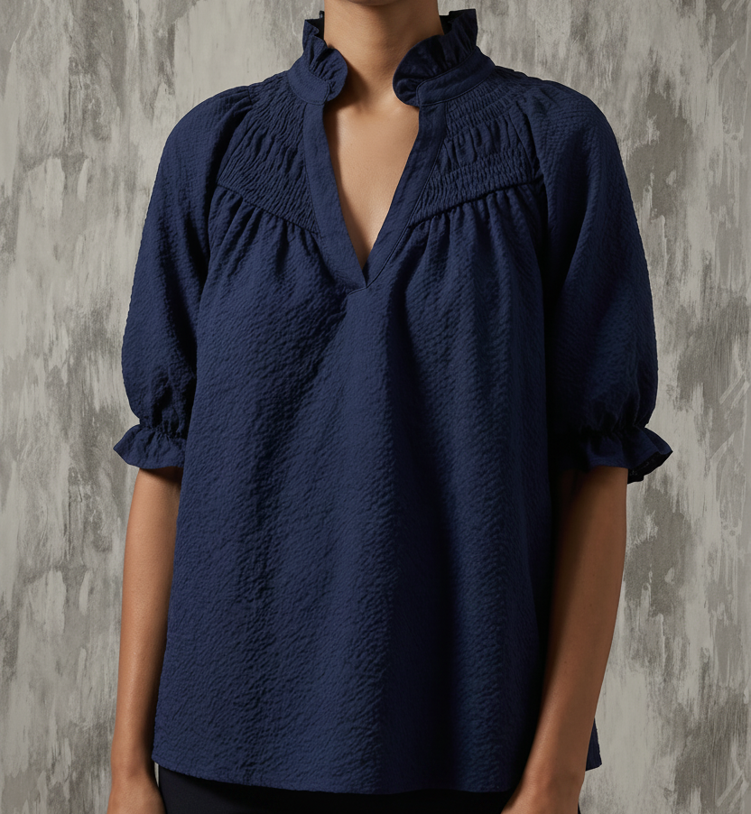 Romana - Textured Smocked Yoke Split-Neck Top