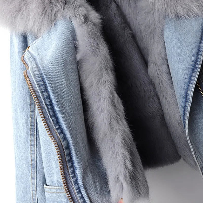 "Isabella" Fur-Trimmed Denim Jacket