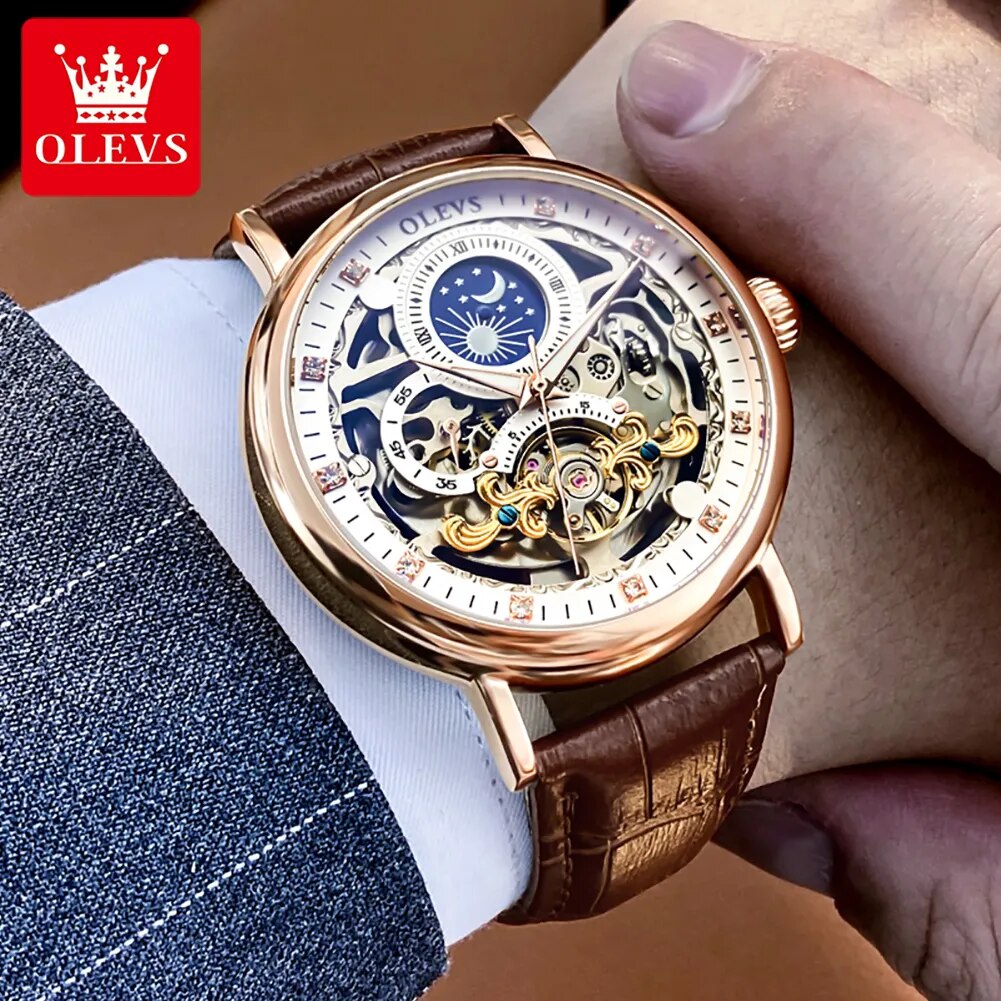 OLEVS Moon Phase Mechanical Watch Men with Dual Time Zone Display Waterproof Automatic Skeleton Mens Watches Top Brand Luxury - Cristian Moretti