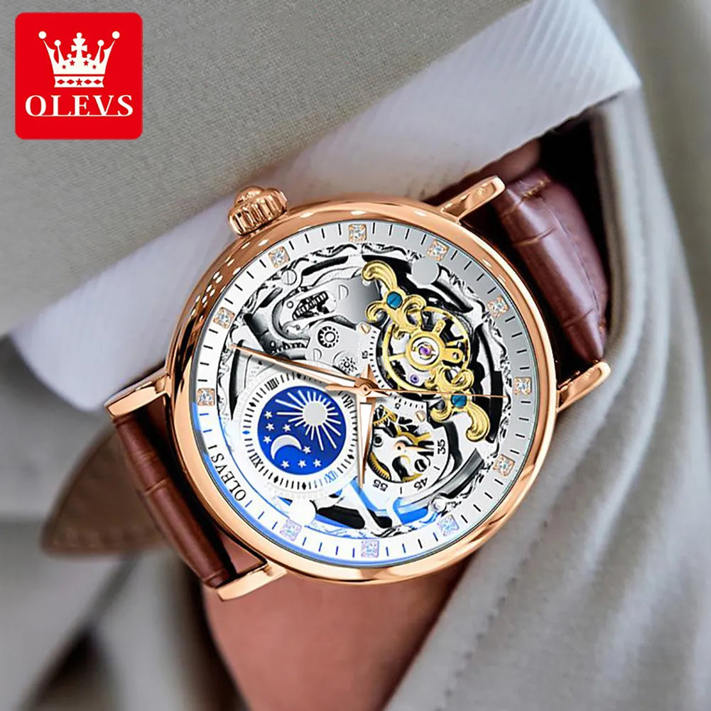 OLEVS Moon Phase Mechanical Watch Men with Dual Time Zone Display Waterproof Automatic Skeleton Mens Watches Top Brand Luxury - Cristian Moretti