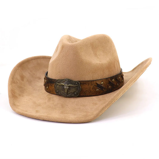 Western Big Brim Cowboy Hat Bull's Head Leather Band Suede Top Hat Outdoor Mens Hats Ladies Party Horse Riding Cowgirl Hat