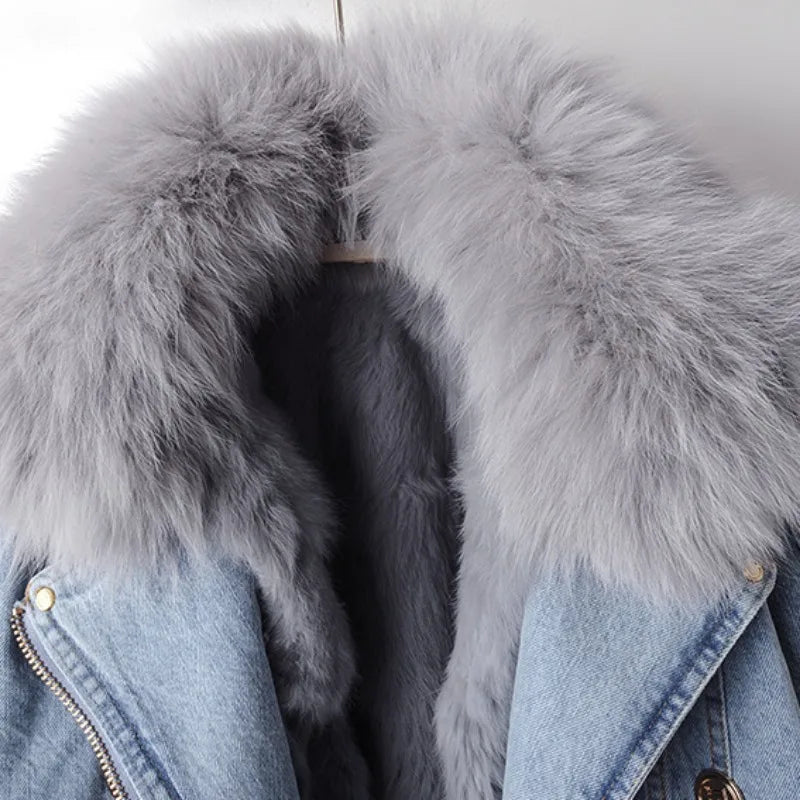 "Isabella" Fur-Trimmed Denim Jacket