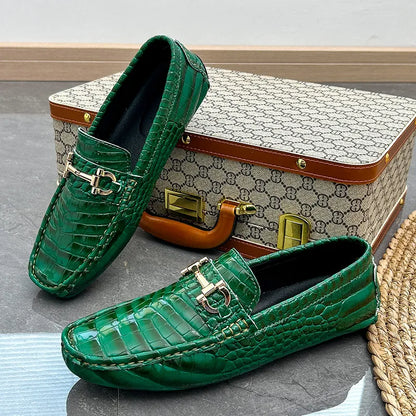 Big Size 38-48 Fashion Green Loafers Men Soft Comfy Slip-on Men's Casual Leather Shoes Crocodile Moccasin For Men Driving Shoes