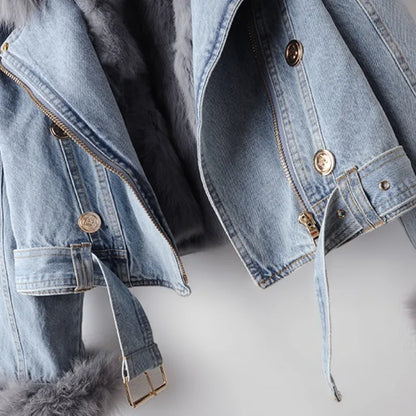 "Isabella" Fur-Trimmed Denim Jacket