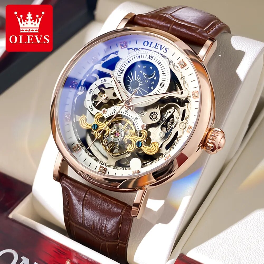 OLEVS Moon Phase Mechanical Watch Men with Dual Time Zone Display Waterproof Automatic Skeleton Mens Watches Top Brand Luxury - Cristian Moretti