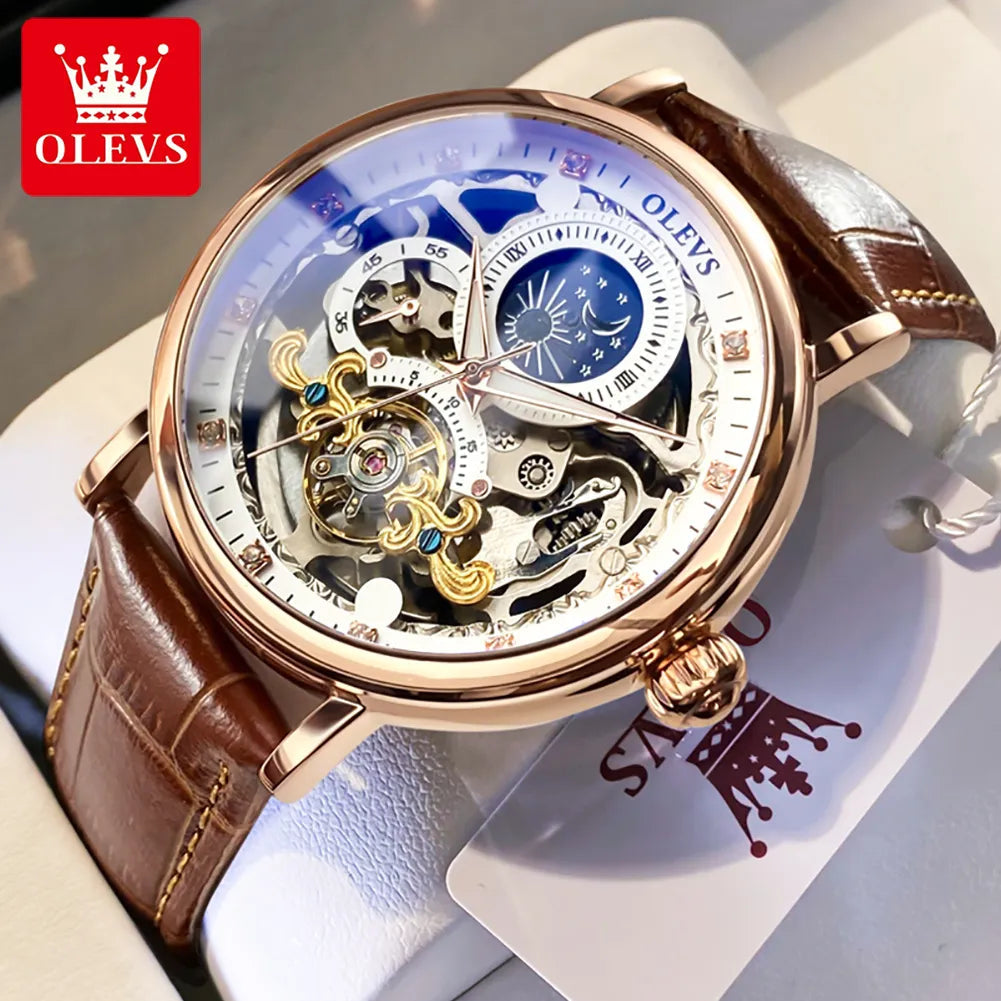 OLEVS Moon Phase Mechanical Watch Men with Dual Time Zone Display Waterproof Automatic Skeleton Mens Watches Top Brand Luxury - Cristian Moretti