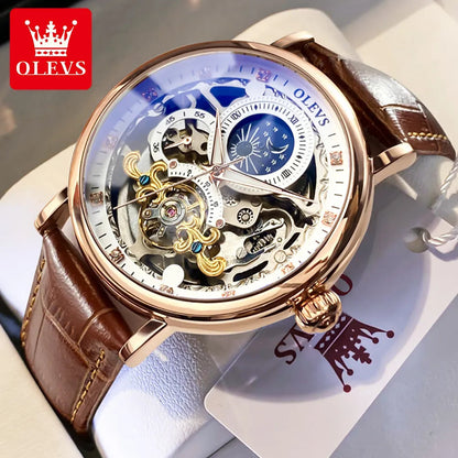 OLEVS Moon Phase Mechanical Watch Men with Dual Time Zone Display Waterproof Automatic Skeleton Mens Watches Top Brand Luxury - Cristian Moretti