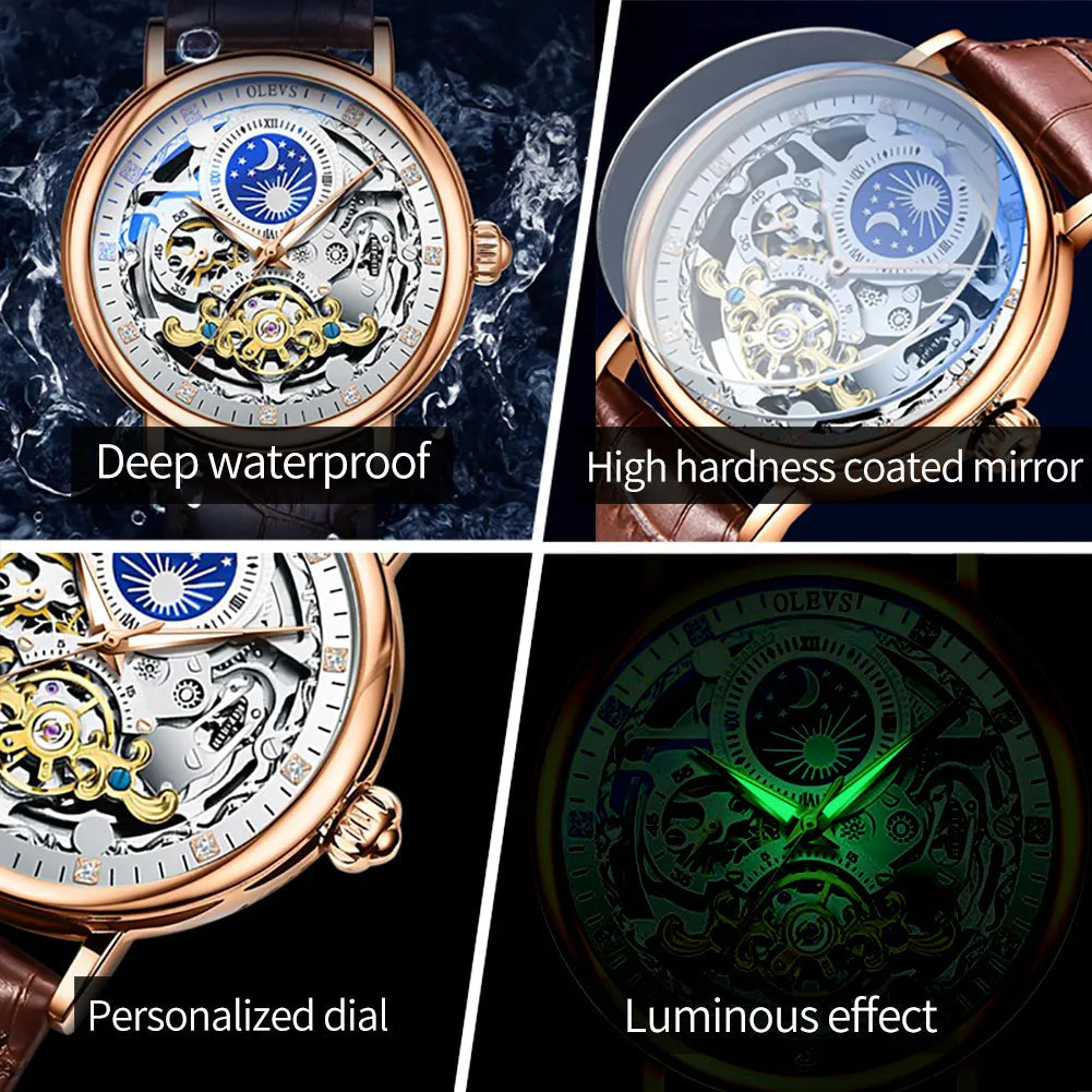 OLEVS Moon Phase Mechanical Watch Men with Dual Time Zone Display Waterproof Automatic Skeleton Mens Watches Top Brand Luxury - Cristian Moretti