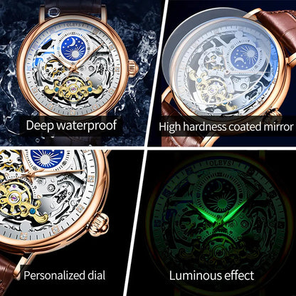 OLEVS Moon Phase Mechanical Watch Men with Dual Time Zone Display Waterproof Automatic Skeleton Mens Watches Top Brand Luxury - Cristian Moretti