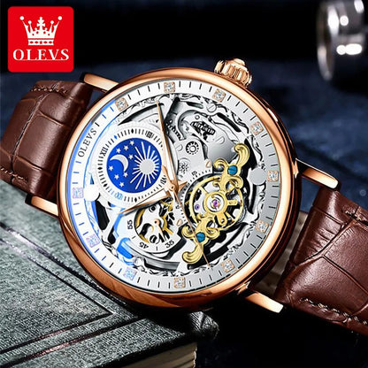 OLEVS Moon Phase Mechanical Watch Men with Dual Time Zone Display Waterproof Automatic Skeleton Mens Watches Top Brand Luxury - Cristian Moretti
