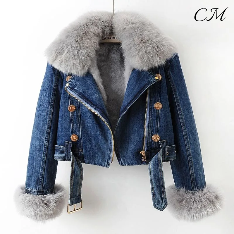 "Isabella" Fur-Trimmed Denim Jacket