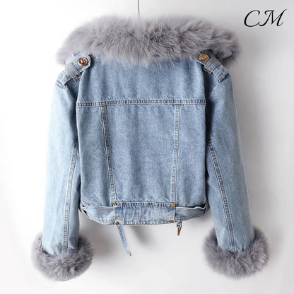 "Isabella" Fur-Trimmed Denim Jacket