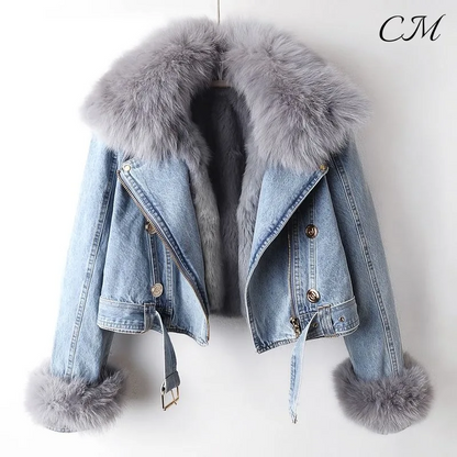 "Isabella" Fur-Trimmed Denim Jacket