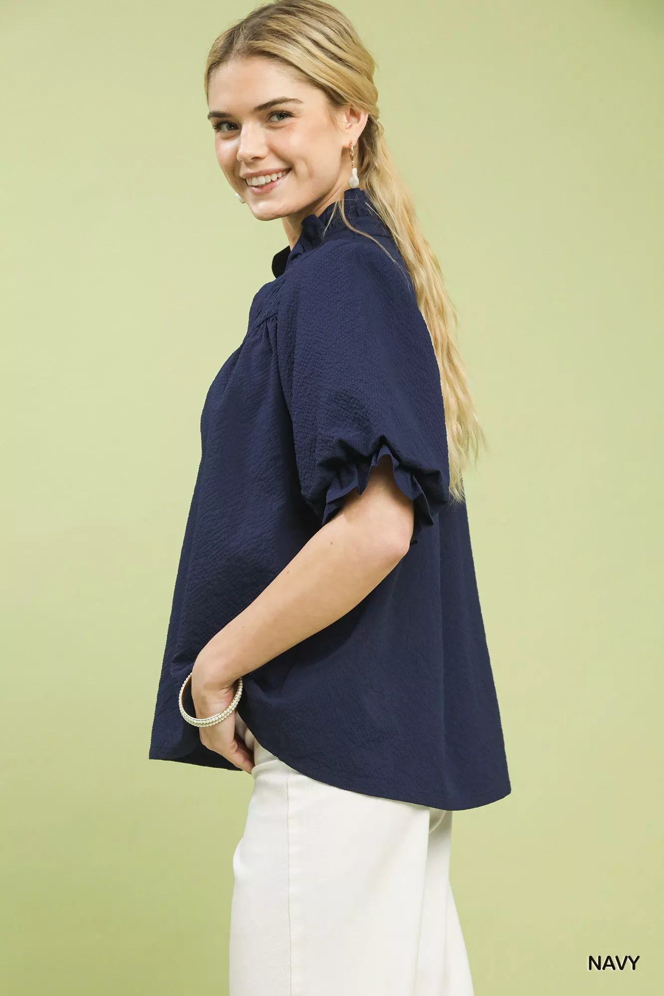 Romana - Textured Smocked Yoke Split-Neck Top - Cristian Moretti
